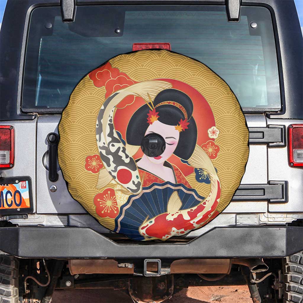 Japanese Geisha Koi Fish Spare Tire Cover Cherry Blossoms Yellow Seigaiha Pattern - Polynesian Pride