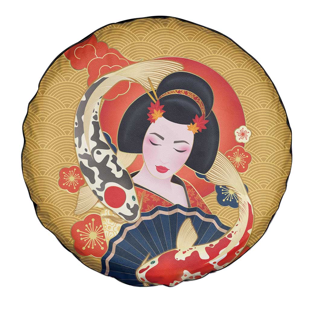 Japanese Geisha Koi Fish Spare Tire Cover Cherry Blossoms Yellow Seigaiha Pattern - Polynesian Pride