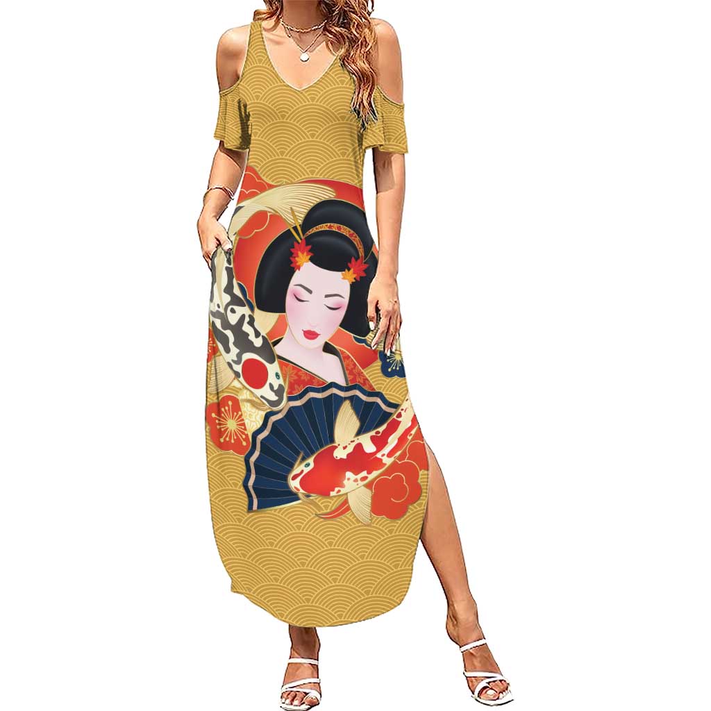 Japanese Geisha Koi Fish Summer Maxi Dress Cherry Blossoms Yellow Seigaiha Pattern - Polynesian Pride