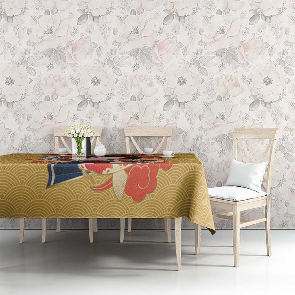 Japanese Geisha Koi Fish Tablecloth Cherry Blossoms Yellow Seigaiha Pattern - Polynesian Pride