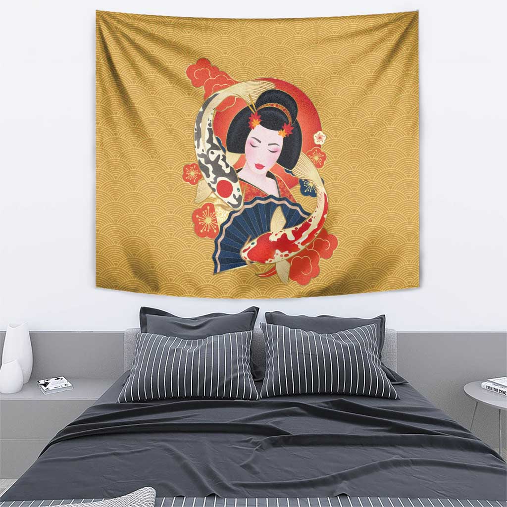 Japanese Geisha Koi Fish Tapestry Cherry Blossoms Yellow Seigaiha Pattern - Polynesian Pride