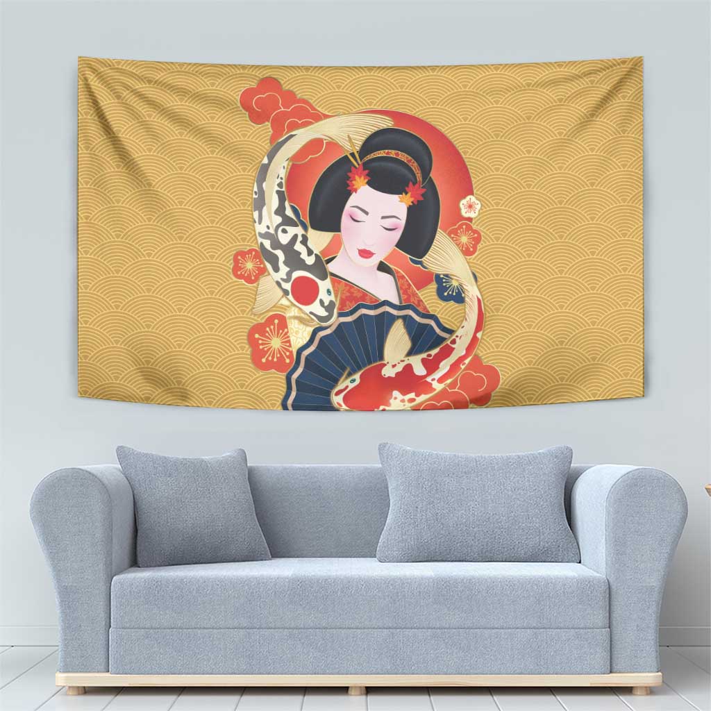Japanese Geisha Koi Fish Tapestry Cherry Blossoms Yellow Seigaiha Pattern - Polynesian Pride