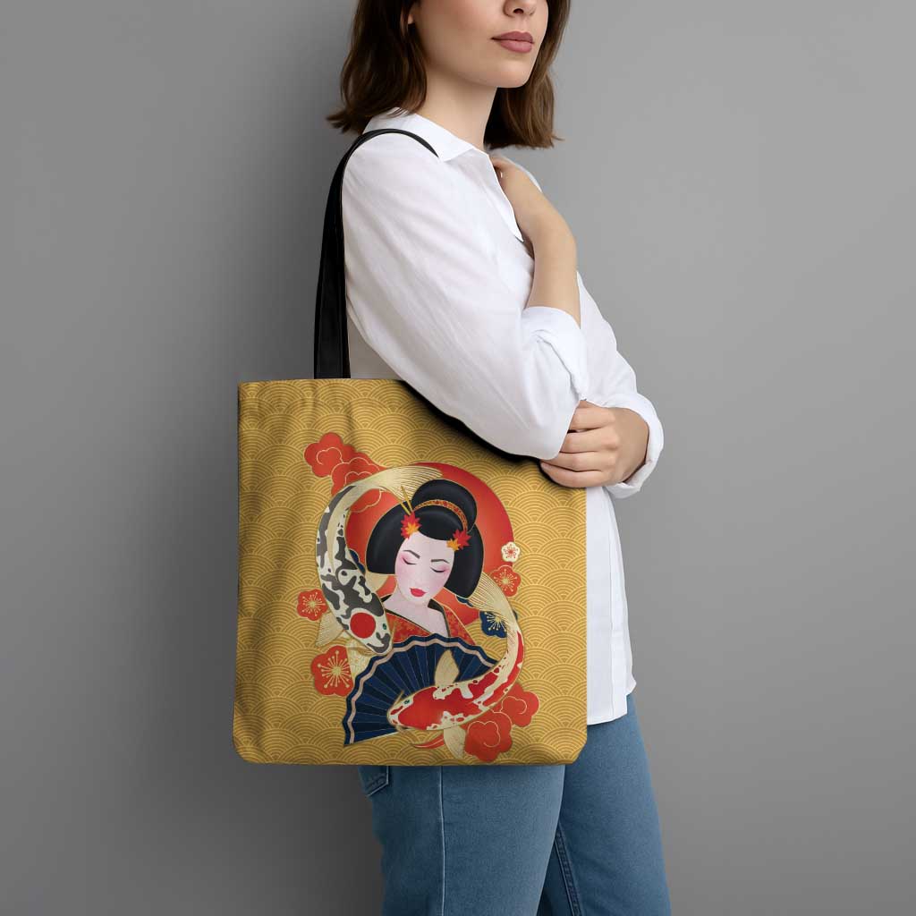 Japanese Geisha Koi Fish Tote Bag Cherry Blossoms Yellow Seigaiha Pattern - Polynesian Pride