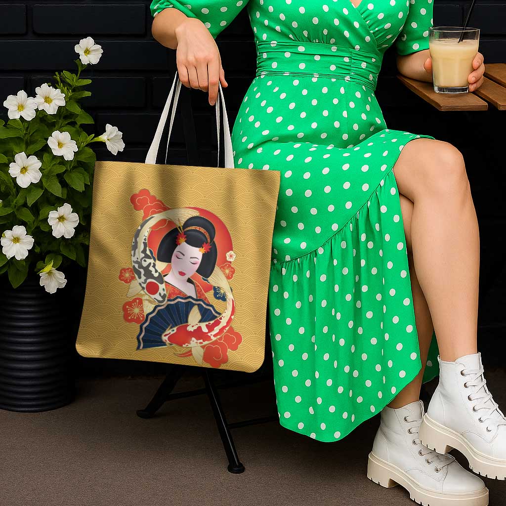 Japanese Geisha Koi Fish Tote Bag Cherry Blossoms Yellow Seigaiha Pattern - Polynesian Pride