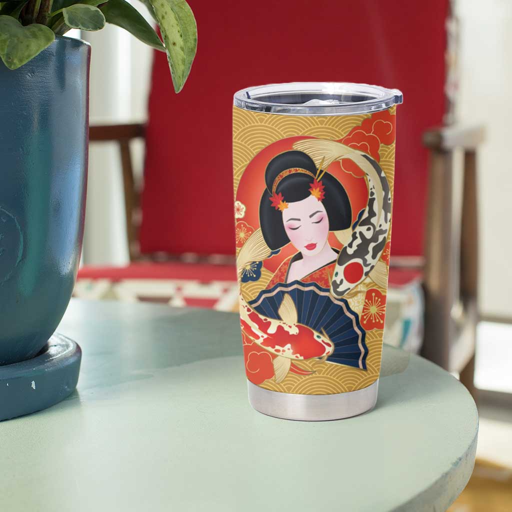 Japanese Geisha Koi Fish Tumbler Cup Cherry Blossoms Yellow Seigaiha Pattern - Polynesian Pride