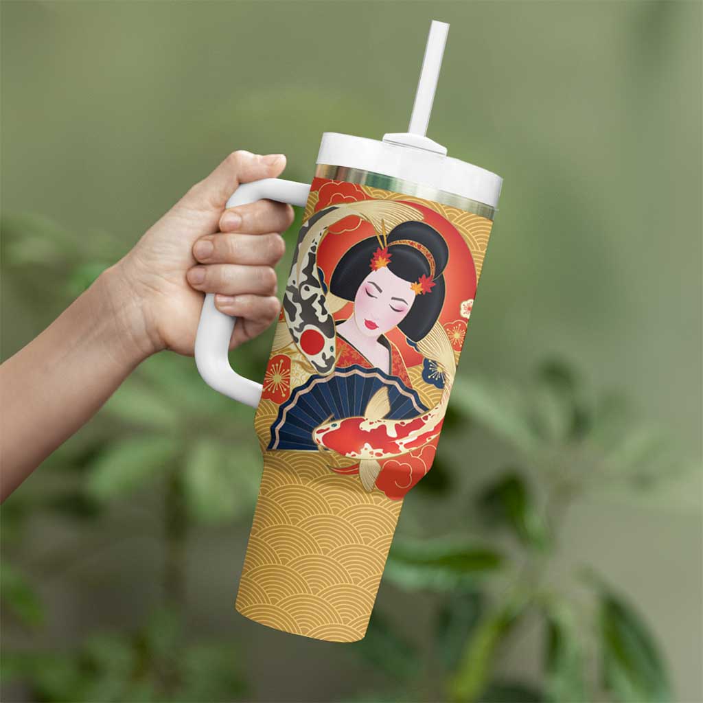 Japanese Geisha Koi Fish Tumbler With Handle Cherry Blossoms Yellow Seigaiha Pattern - Polynesian Pride