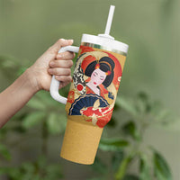 Japanese Geisha Koi Fish Tumbler With Handle Cherry Blossoms Yellow Seigaiha Pattern - Polynesian Pride