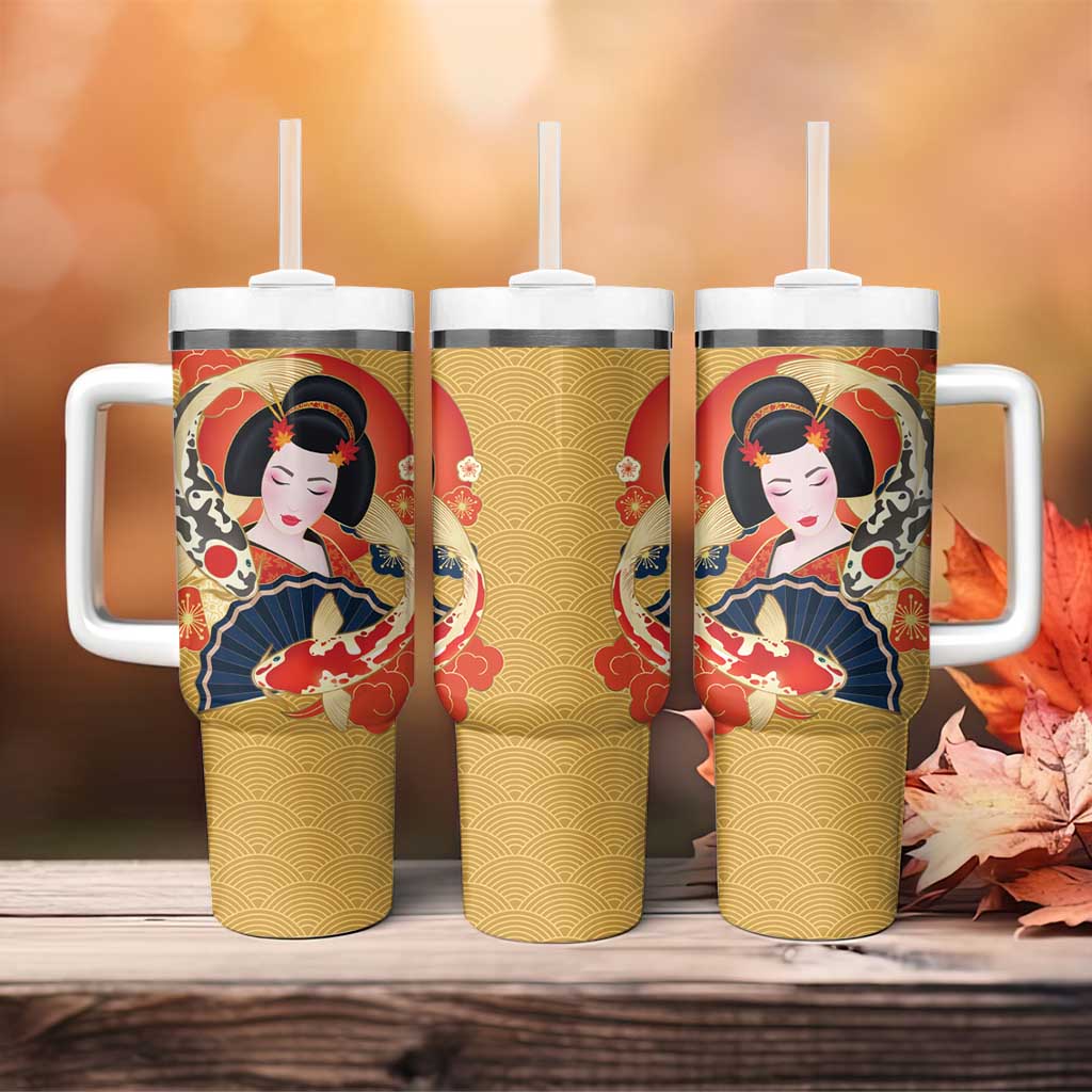 Japanese Geisha Koi Fish Tumbler With Handle Cherry Blossoms Yellow Seigaiha Pattern - Polynesian Pride
