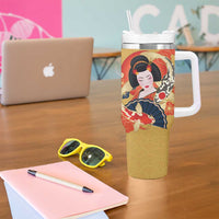 Japanese Geisha Koi Fish Tumbler With Handle Cherry Blossoms Yellow Seigaiha Pattern - Polynesian Pride