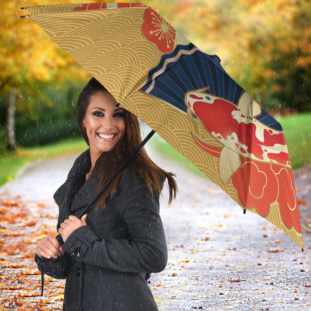 Japanese Geisha Koi Fish Umbrella Cherry Blossoms Yellow Seigaiha Pattern - Polynesian Pride