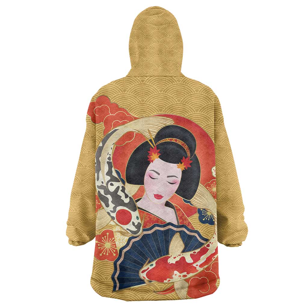 Japanese Geisha Koi Fish Wearable Blanket Hoodie Cherry Blossoms Yellow Seigaiha Pattern - Polynesian Pride