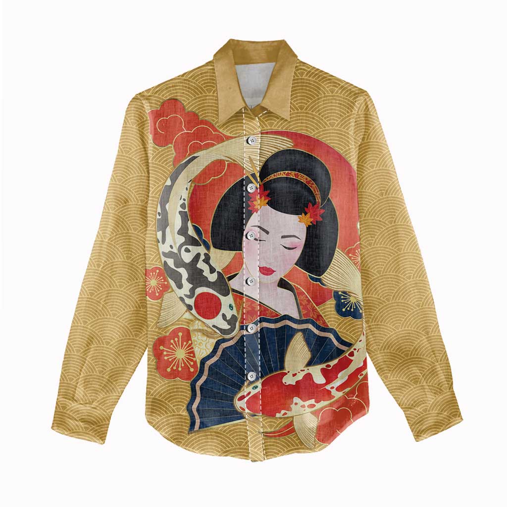 Japanese Geisha Koi Fish Women Casual Shirt Cherry Blossoms Yellow Seigaiha Pattern - Polynesian Pride