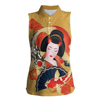 Japanese Geisha Koi Fish Women Sleeveless Polo Shirt Cherry Blossoms Yellow Seigaiha Pattern - Polynesian Pride