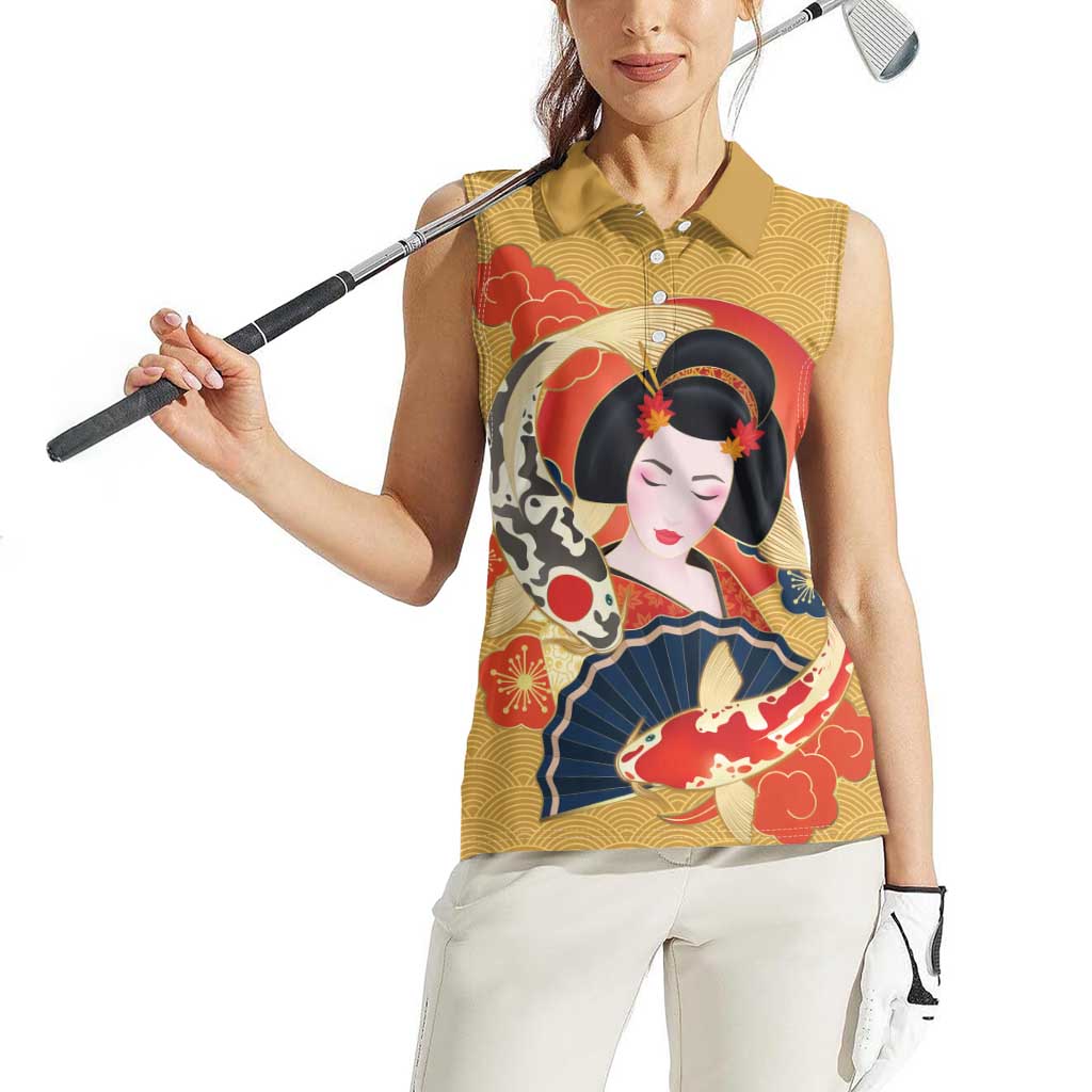 Japanese Geisha Koi Fish Women Sleeveless Polo Shirt Cherry Blossoms Yellow Seigaiha Pattern - Polynesian Pride