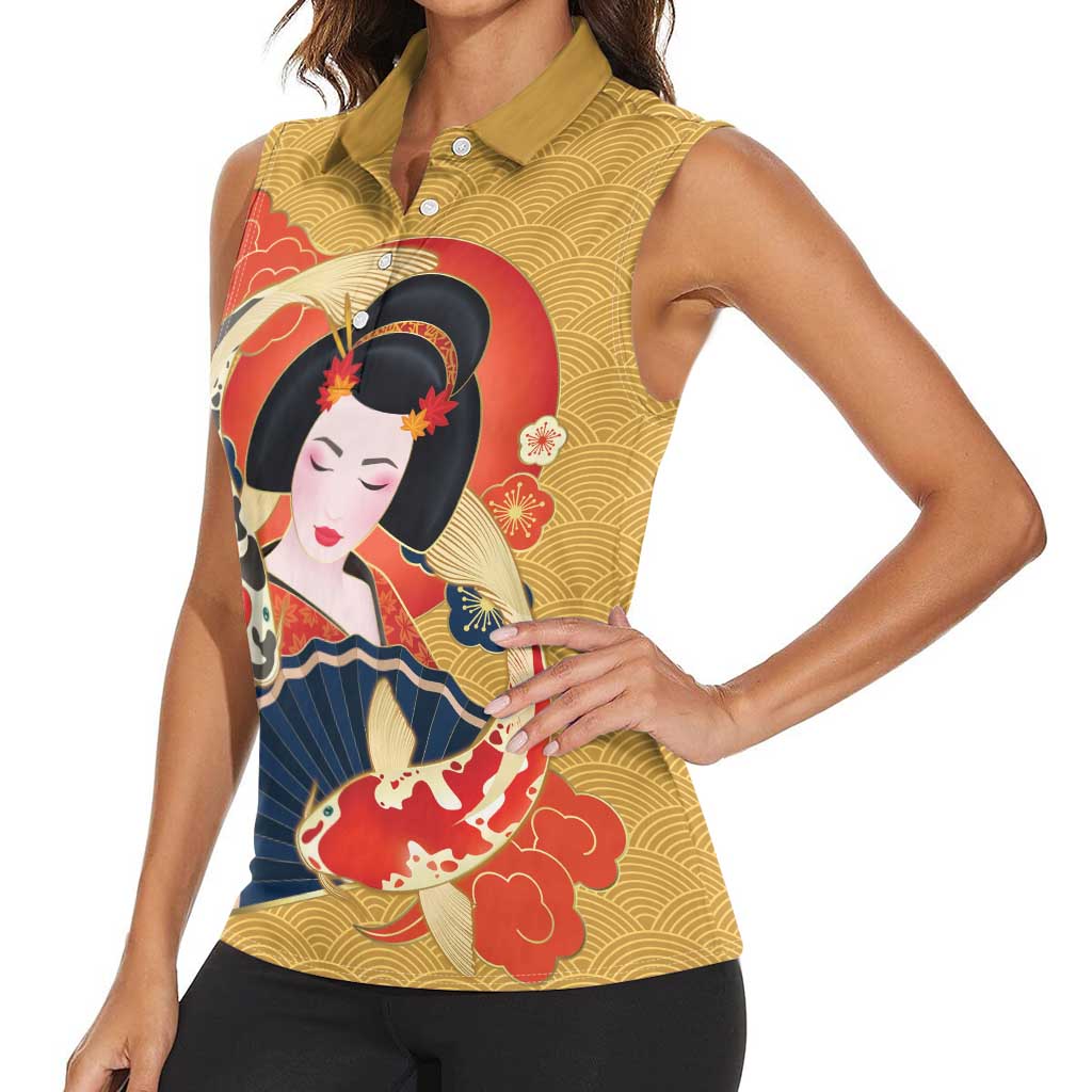 Japanese Geisha Koi Fish Women Sleeveless Polo Shirt Cherry Blossoms Yellow Seigaiha Pattern - Polynesian Pride