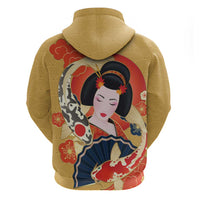Japanese Geisha Koi Fish Zip Hoodie Cherry Blossoms Yellow Seigaiha Pattern - Polynesian Pride