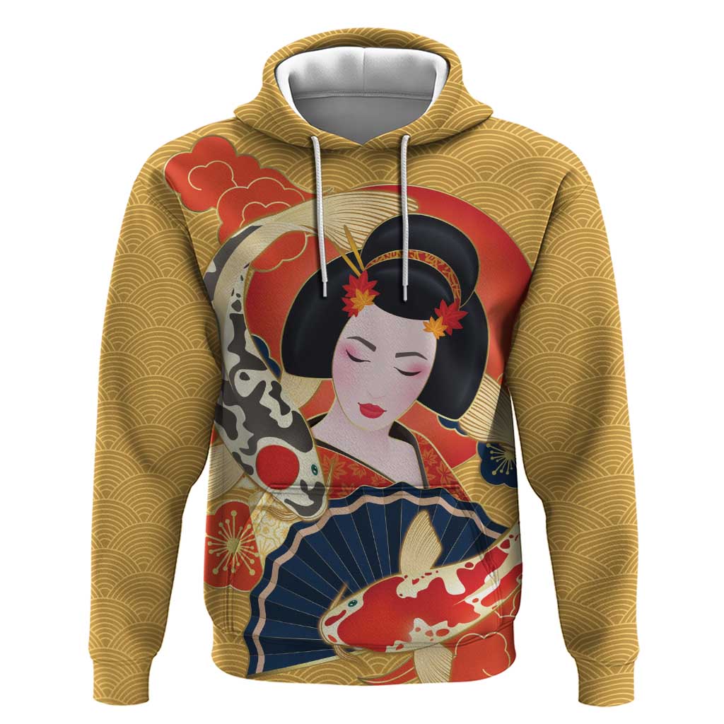 Japanese Geisha Koi Fish Zip Hoodie Cherry Blossoms Yellow Seigaiha Pattern - Polynesian Pride