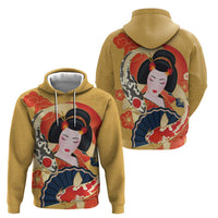 Japanese Geisha Koi Fish Zip Hoodie Cherry Blossoms Yellow Seigaiha Pattern - Polynesian Pride