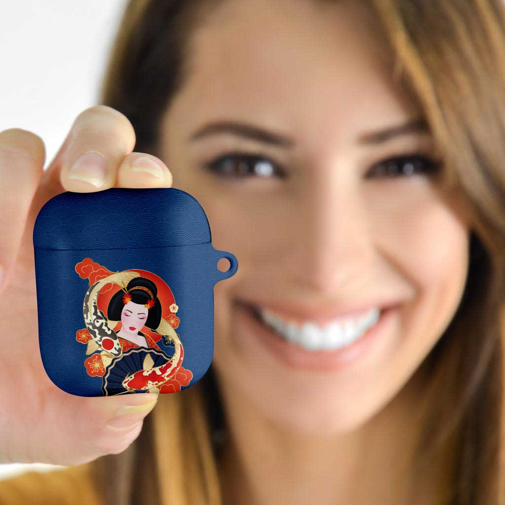 Japanese Geisha Koi Fish AirPods Case Cherry Blossoms Blue Seigaiha Pattern - Polynesian Pride