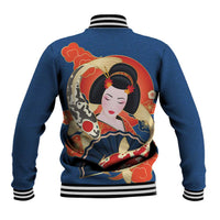 Japanese Geisha Koi Fish Baseball Jacket Cherry Blossoms Blue Seigaiha Pattern - Polynesian Pride