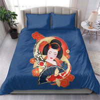 Japanese Geisha Koi Fish Bedding Set Cherry Blossoms Blue Seigaiha Pattern - Polynesian Pride