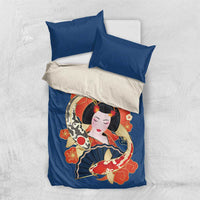 Japanese Geisha Koi Fish Bedding Set Cherry Blossoms Blue Seigaiha Pattern - Polynesian Pride