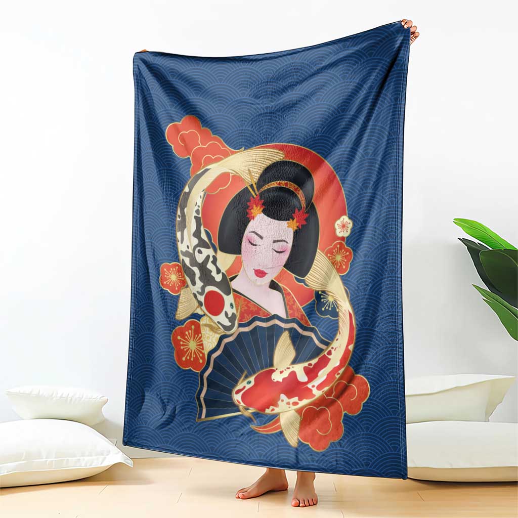 Japanese Geisha Koi Fish Blanket Cherry Blossoms Blue Seigaiha Pattern - Polynesian Pride