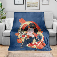 Japanese Geisha Koi Fish Blanket Cherry Blossoms Blue Seigaiha Pattern - Polynesian Pride