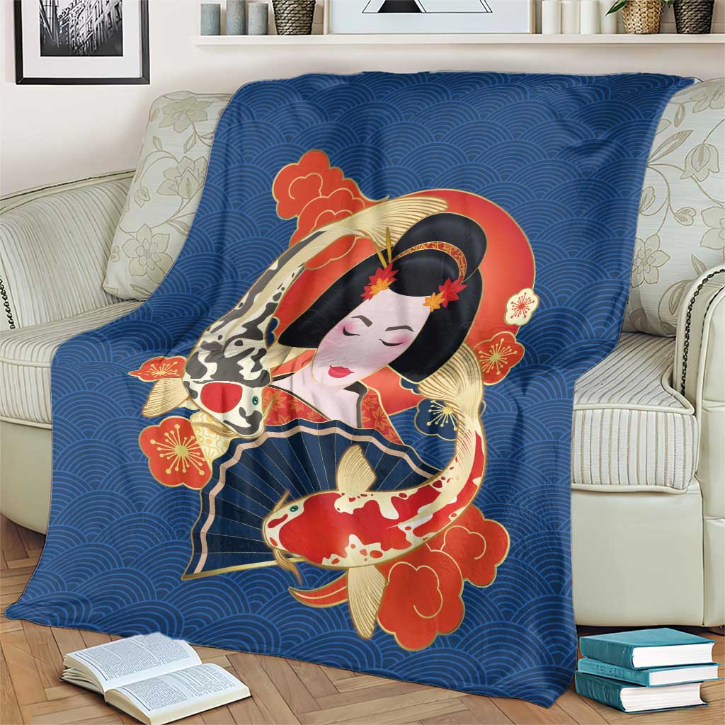 Japanese Geisha Koi Fish Blanket Cherry Blossoms Blue Seigaiha Pattern - Polynesian Pride
