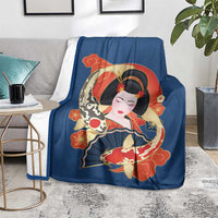 Japanese Geisha Koi Fish Blanket Cherry Blossoms Blue Seigaiha Pattern - Polynesian Pride