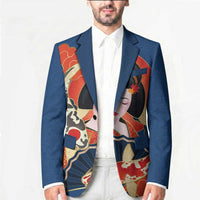 Japanese Geisha Koi Fish Blazer Cherry Blossoms Blue Seigaiha Pattern - Polynesian Pride