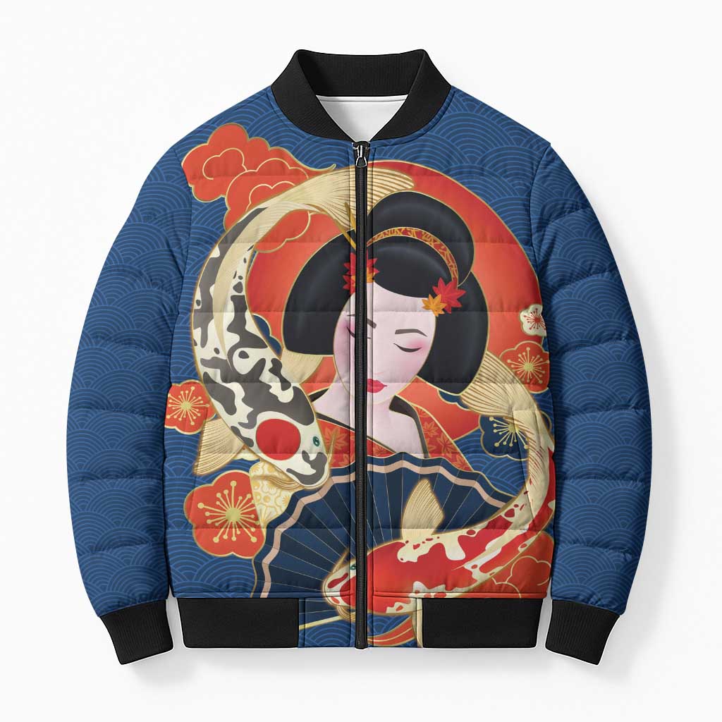 Japanese Geisha Koi Fish Bomber Puffer Jacket Cherry Blossoms Blue Seigaiha Pattern - Polynesian Pride