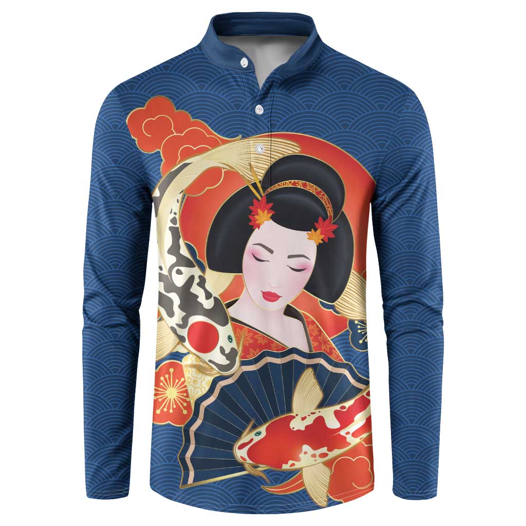 Japanese Geisha Koi Fish Button Sweatshirt Cherry Blossoms Blue Seigaiha Pattern - Polynesian Pride