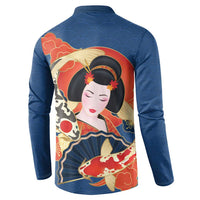 Japanese Geisha Koi Fish Button Sweatshirt Cherry Blossoms Blue Seigaiha Pattern - Polynesian Pride