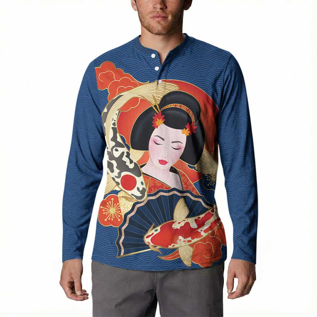 Japanese Geisha Koi Fish Button Sweatshirt Cherry Blossoms Blue Seigaiha Pattern - Polynesian Pride