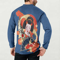 Japanese Geisha Koi Fish Button Sweatshirt Cherry Blossoms Blue Seigaiha Pattern - Polynesian Pride