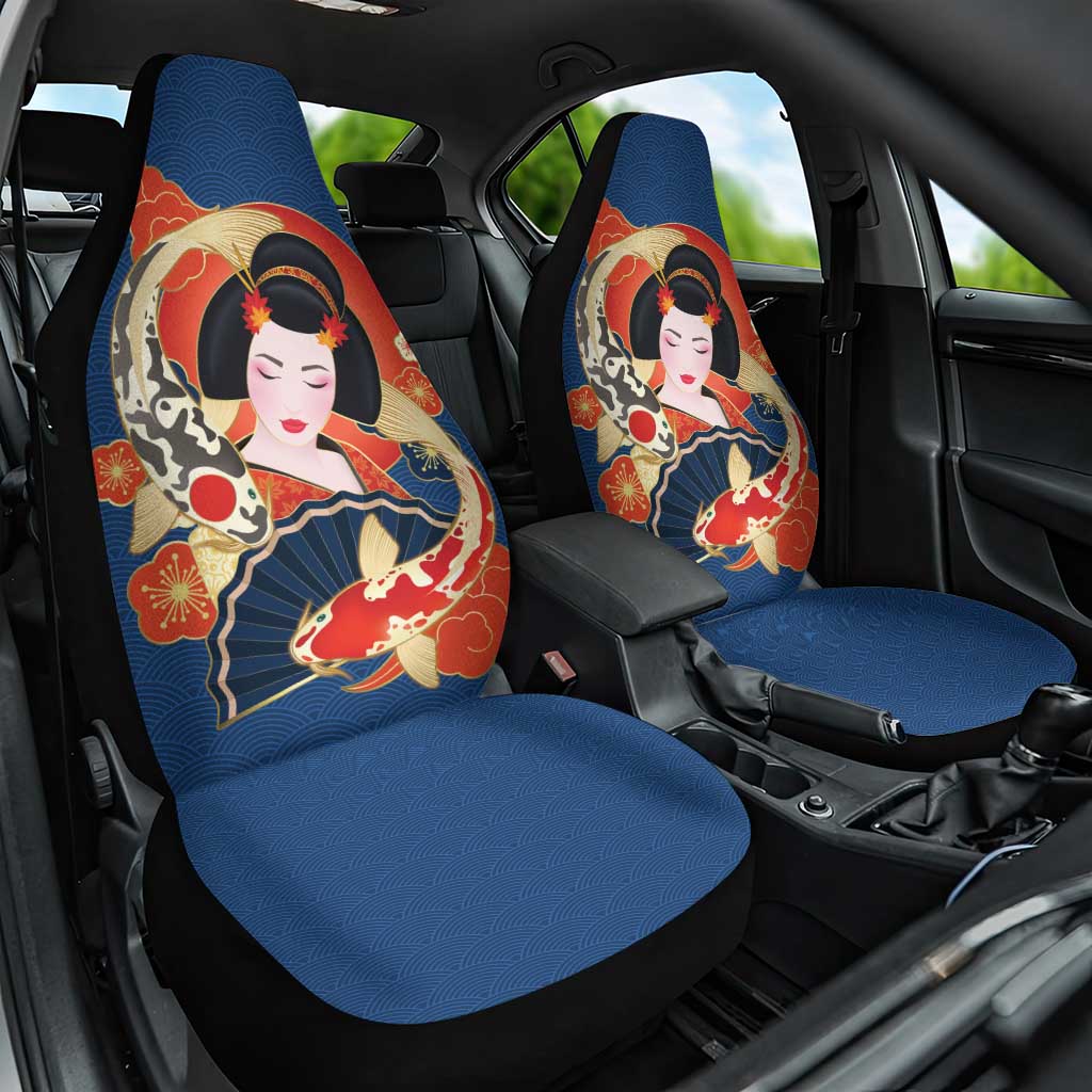 Japanese Geisha Koi Fish Car Seat Cover Cherry Blossoms Blue Seigaiha Pattern - Polynesian Pride