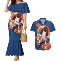 Japanese Geisha Koi Fish Couples Matching Mermaid Dress and Hawaiian Shirt Cherry Blossoms Blue Seigaiha Pattern - Polynesian Pride