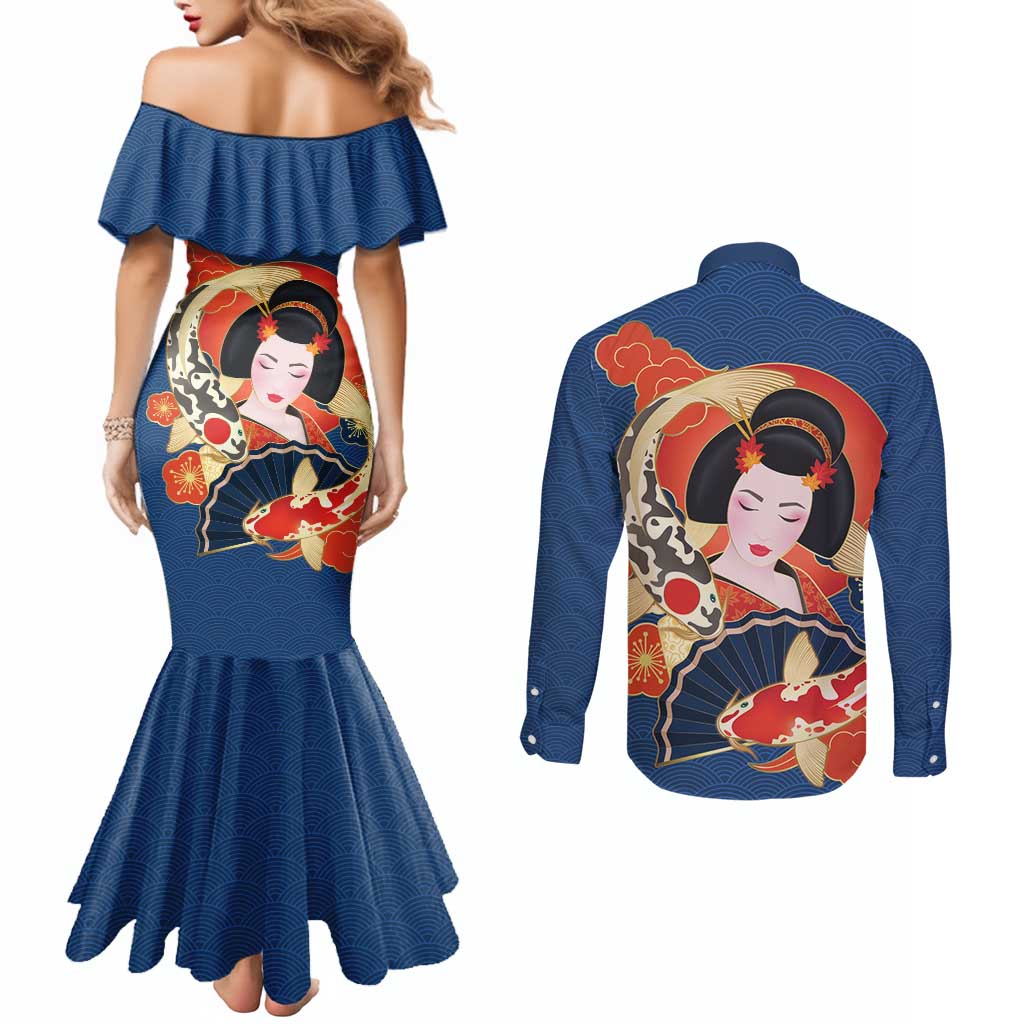 Japanese Geisha Koi Fish Couples Matching Mermaid Dress and Long Sleeve Button Shirt Cherry Blossoms Blue Seigaiha Pattern - Polynesian Pride