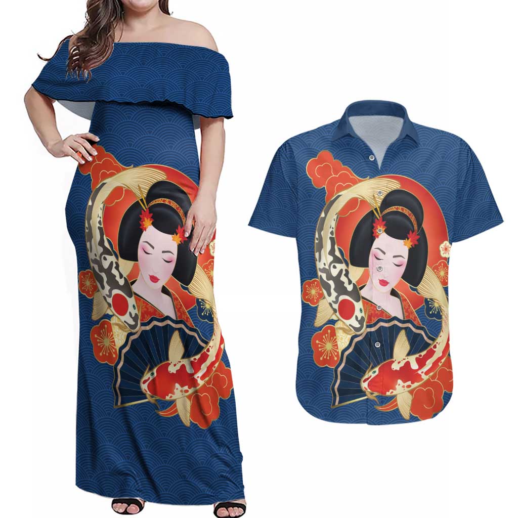 Japanese Geisha Koi Fish Couples Matching Off Shoulder Maxi Dress and Hawaiian Shirt Cherry Blossoms Blue Seigaiha Pattern - Polynesian Pride