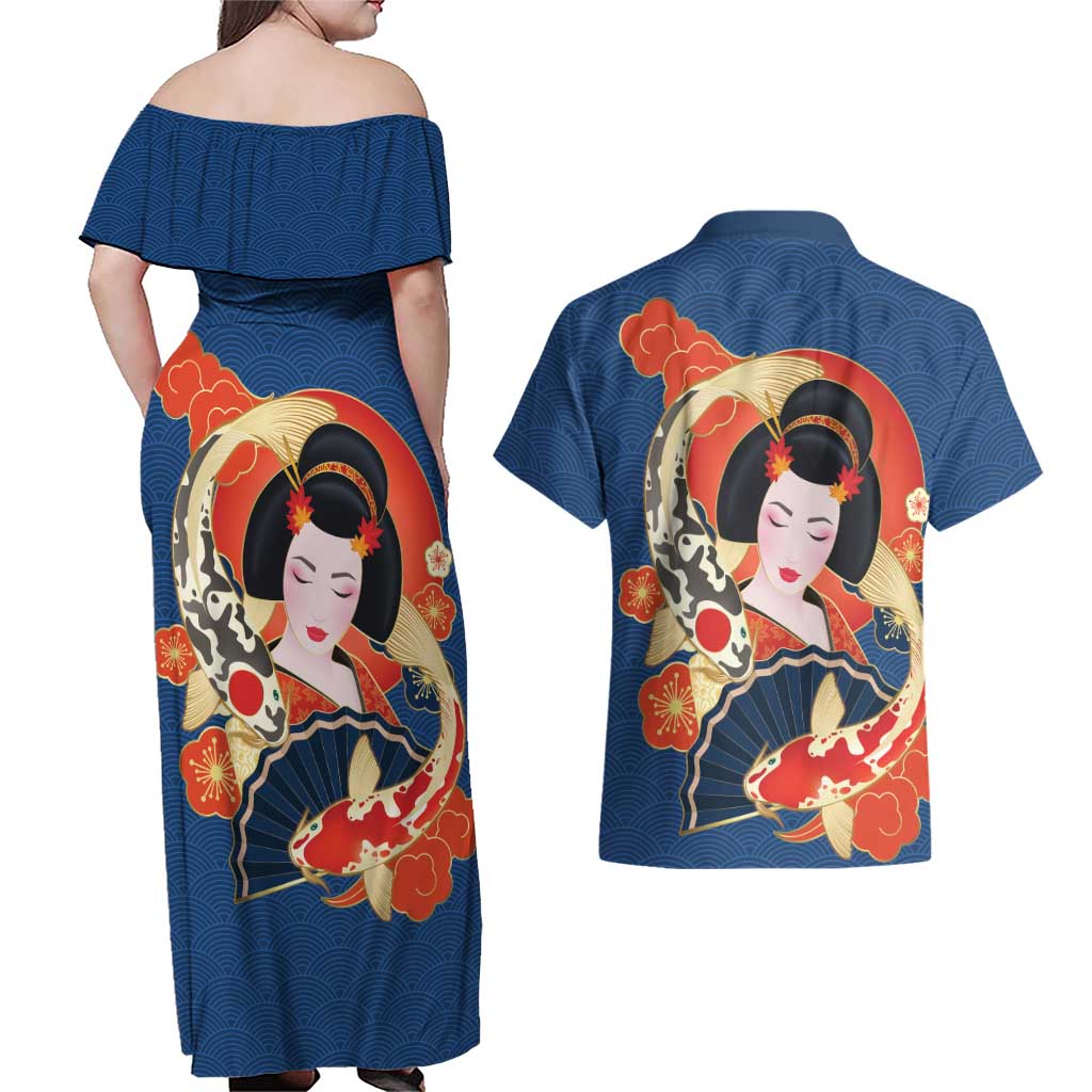 Japanese Geisha Koi Fish Couples Matching Off Shoulder Maxi Dress and Hawaiian Shirt Cherry Blossoms Blue Seigaiha Pattern - Polynesian Pride