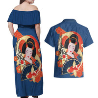 Japanese Geisha Koi Fish Couples Matching Off Shoulder Maxi Dress and Hawaiian Shirt Cherry Blossoms Blue Seigaiha Pattern - Polynesian Pride