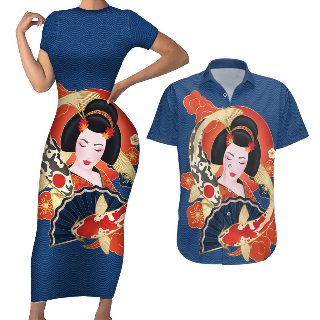 Japanese Geisha Koi Fish Couples Matching Short Sleeve Bodycon Dress and Hawaiian Shirt Cherry Blossoms Blue Seigaiha Pattern - Polynesian Pride