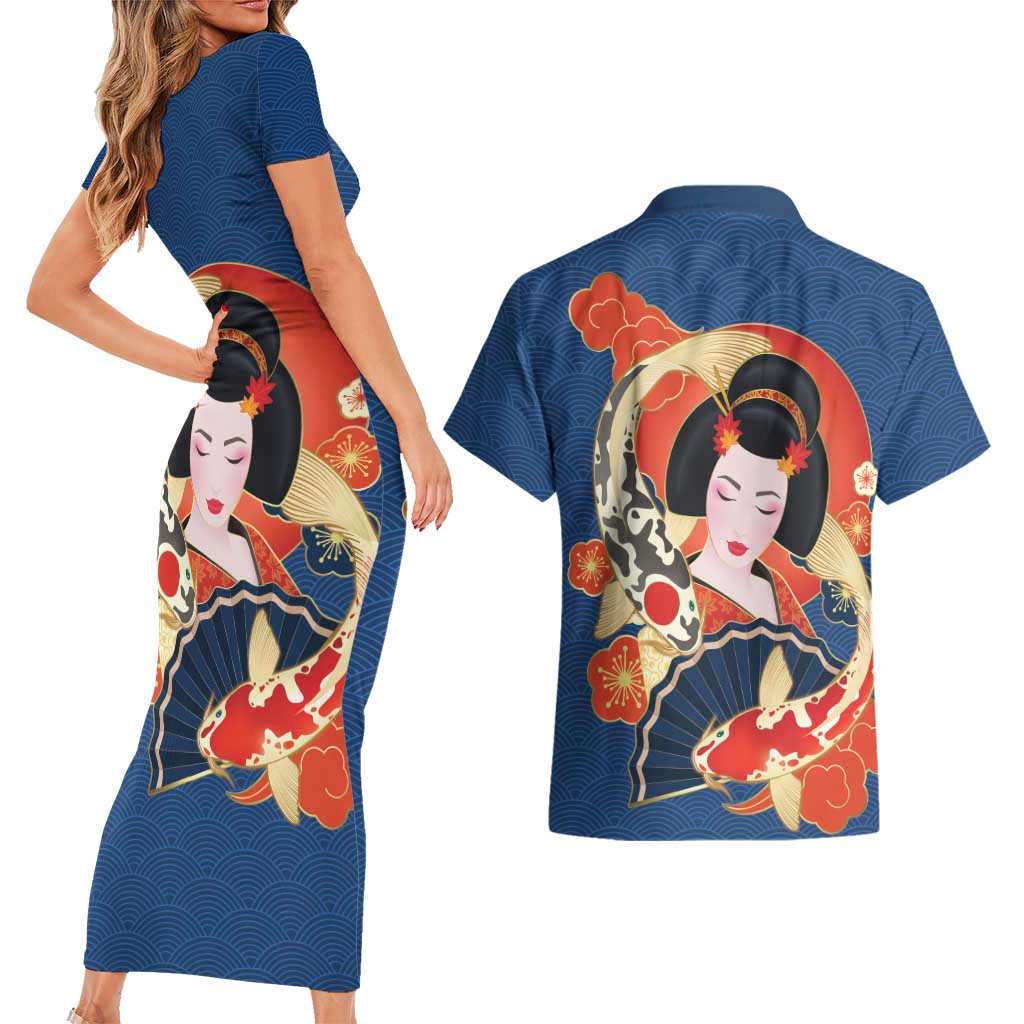 Japanese Geisha Koi Fish Couples Matching Short Sleeve Bodycon Dress and Hawaiian Shirt Cherry Blossoms Blue Seigaiha Pattern - Polynesian Pride