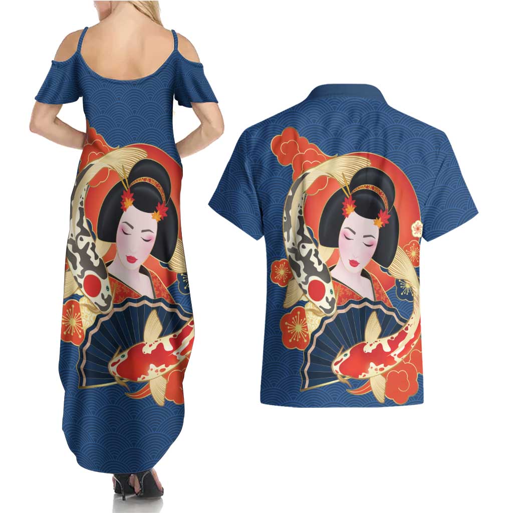 Japanese Geisha Koi Fish Couples Matching Summer Maxi Dress and Hawaiian Shirt Cherry Blossoms Blue Seigaiha Pattern - Polynesian Pride