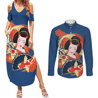 Japanese Geisha Koi Fish Couples Matching Summer Maxi Dress and Long Sleeve Button Shirt Cherry Blossoms Blue Seigaiha Pattern - Polynesian Pride