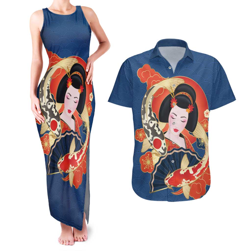 Japanese Geisha Koi Fish Couples Matching Tank Maxi Dress and Hawaiian Shirt Cherry Blossoms Blue Seigaiha Pattern - Polynesian Pride