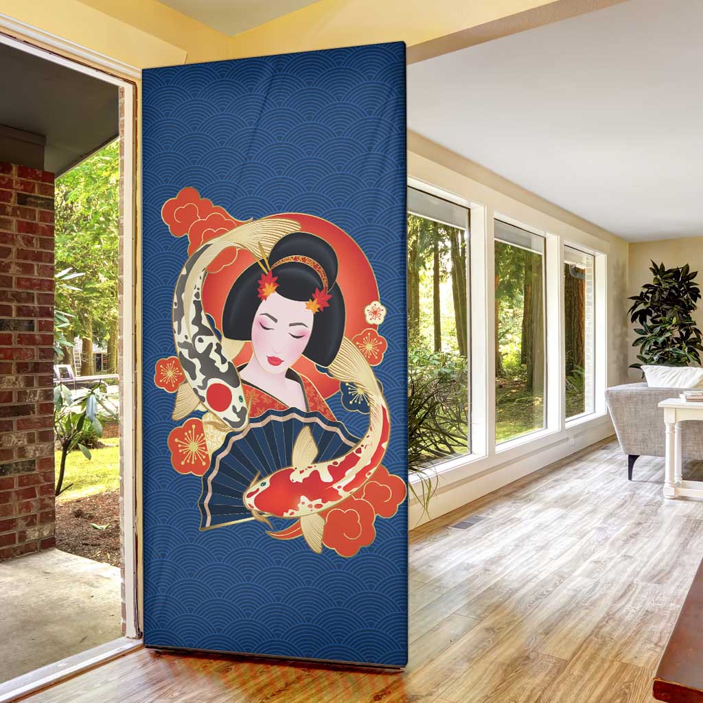 Japanese Geisha Koi Fish Door Cover Cherry Blossoms Blue Seigaiha Pattern - Polynesian Pride