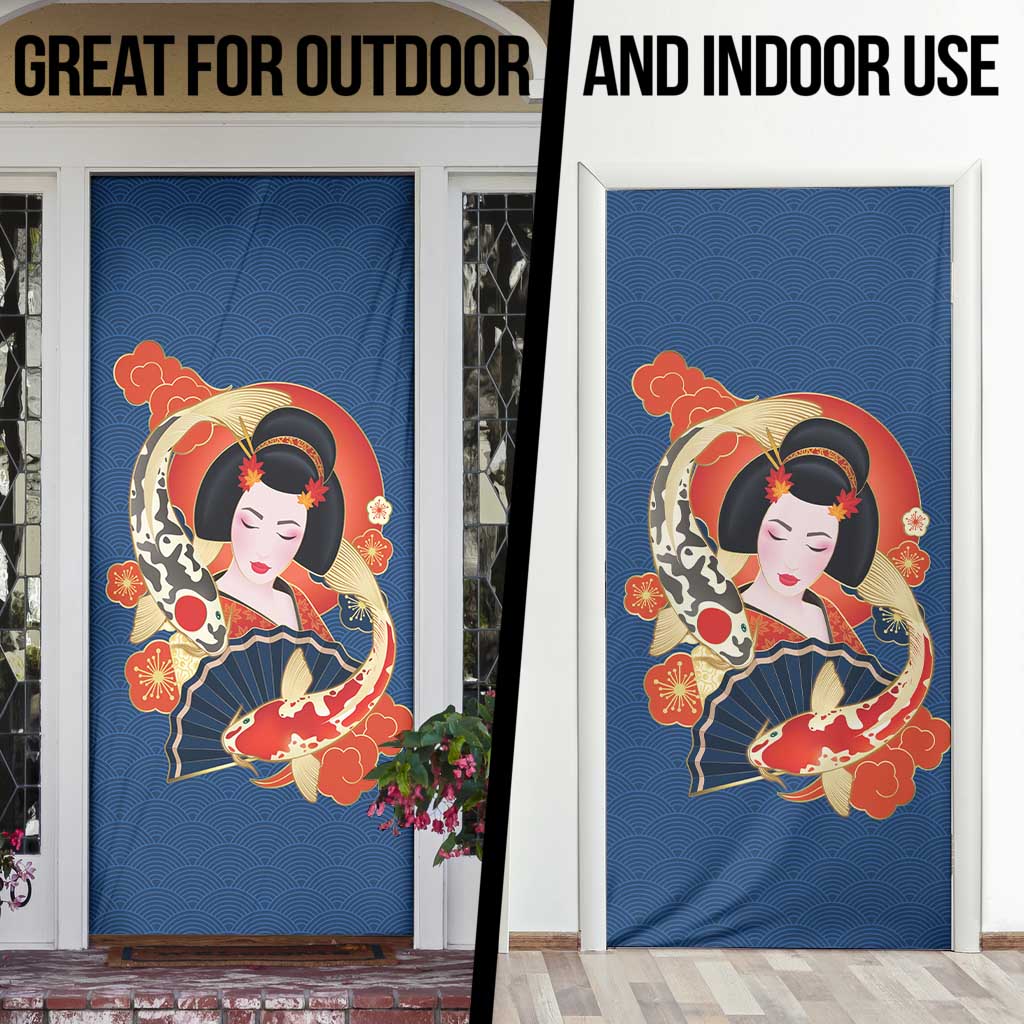 Japanese Geisha Koi Fish Door Cover Cherry Blossoms Blue Seigaiha Pattern - Polynesian Pride