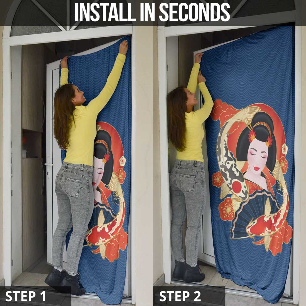 Japanese Geisha Koi Fish Door Cover Cherry Blossoms Blue Seigaiha Pattern - Polynesian Pride